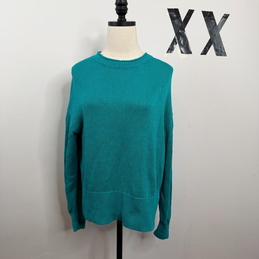 J Crew Turquoise Cotton Linen Raglan Oversized Boxy Side Slit Knit Sweater S